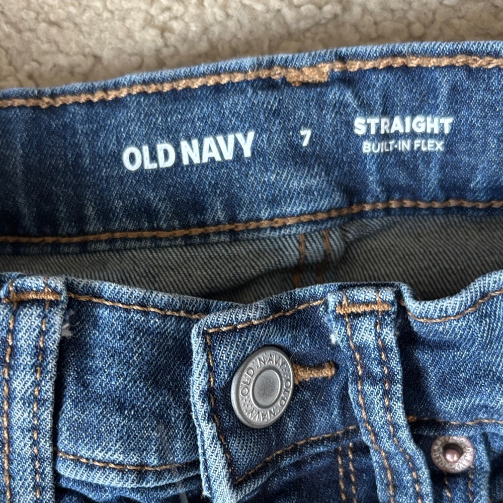 Old Navy Blue Straight Jeans with Brown Stitching